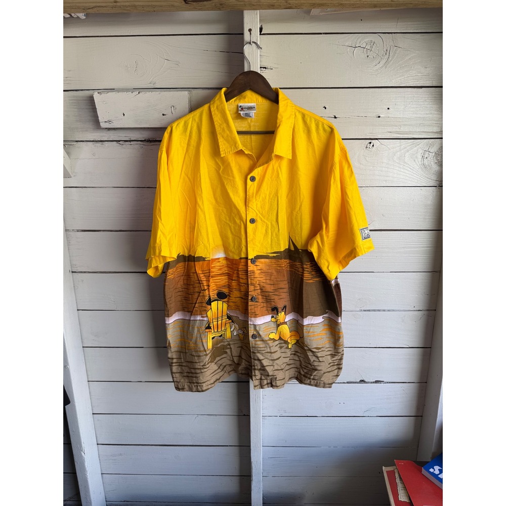Vintage Walt Disney World Mickey Pluto Beach Sunset Button Down Shirt Mens XL